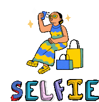 a woman in a colorful dress is taking a selfie with her phone while sitting on a shopping bag .