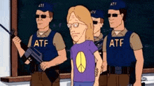 a man in a purple shirt with a peace sign on it is being arrested by atf officers