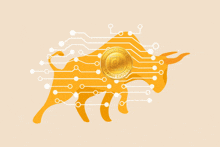 an illustration of a bull with a coin in its mouth that says ' cryptocurrency ' on it