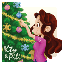 a cartoon of a girl decorating a christmas tree with the words " kay & dili "