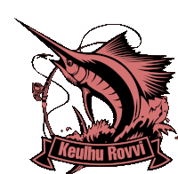 a drawing of a sailfish holding a fishing rod with the name keuhu rovvi written below it