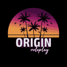 a logo for origin roleplay with palm trees and birds in the background