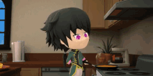 a cartoon character with purple eyes is standing in a kitchen holding a frying pan