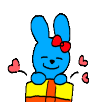 a cartoon of a blue bunny with a red bow on its head