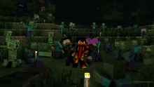 a group of minecraft characters are standing in a field with zombies