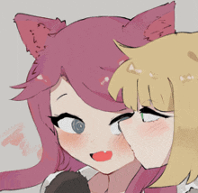 a drawing of a girl with cat ears kissing another girl on the cheek