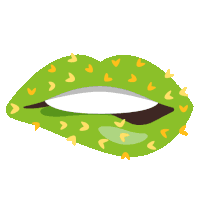 a cartoon drawing of a green lip with yellow hearts on it