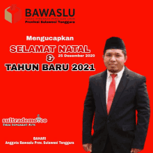 a man in a suit and tie stands in front of a red background that says ' selamat natal & tahun baru 2021 '