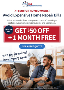 an advertisement for usa home warranty services shows a man and woman sitting on a couch holding a child