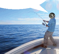 a man on a boat is fishing with a helmet on his head