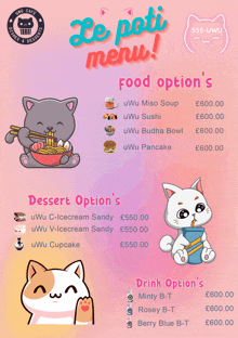 a menu for a restaurant with a cat eating noodles