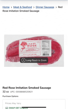 a package of red rose imitation smoked sausage on a website