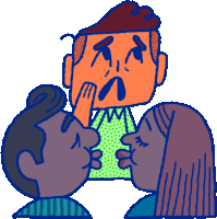 a cartoon of a man covering his mouth with his hand while two women kiss him