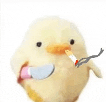 a small chicken is smoking a cigarette with a lighter in its mouth .