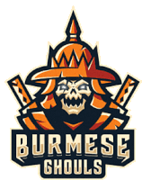 a logo for the burmese ghouls shows a skeleton with a crown on his head