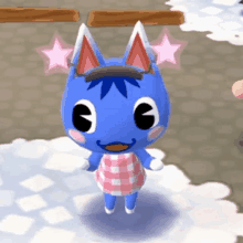 a blue animal crossing character wearing a pink and white checkered dress