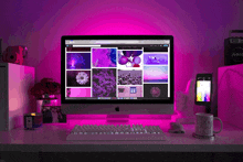 a computer monitor displays a collage of purple and white images