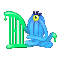 a blue and green monster with a yellow eye is holding a green letter t