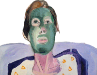 a painting of a woman wearing a green mask