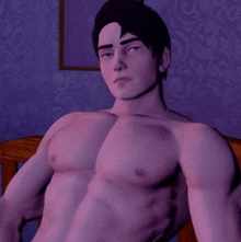 a shirtless man is sitting on a bed in a room with a purple wall .