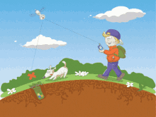 a cartoon of a man walking a dog on a hill