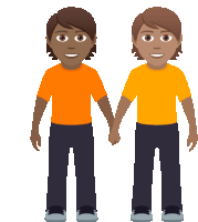 a cartoon of two men holding hands with one wearing an orange shirt