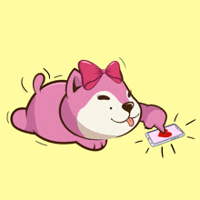 a cartoon dog with a pink bow is pointing at a phone