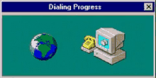 a computer screen that says dialing progress and a globe