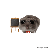 a hamster wearing glasses and a bow tie is standing next to a chalkboard