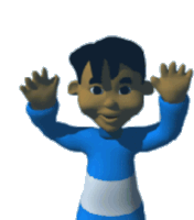 a cartoon boy in a blue shirt is waving