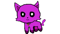 a cartoon drawing of a purple cat with black eyes and a collar