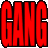 the word gang is written in red in a pixel art style on a white background .