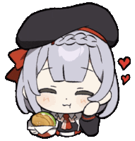 a cartoon drawing of a girl eating a hamburger with three hearts around her .