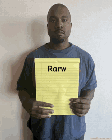 a man in a blue shirt is holding a piece of paper that says raw