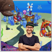 a man with his arms crossed stands in front of a spongebob background