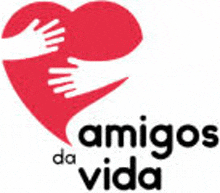 a red heart with two hands hugging it and the words amigos da vida written below it .