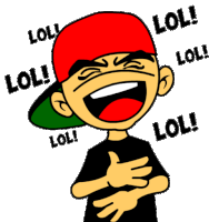 a cartoon boy wearing a red hat is laughing with the word lol surrounding him