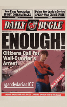 the front page of a daily bugle newspaper with a picture of a boy dressed as spider-man