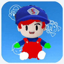 a stuffed toy with red hair and a blue hat has the letter s on it