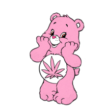 a pink care bear with a marijuana leaf on its chest