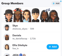 a screenshot of a group of people with the name skye on the top