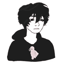 a black and white drawing of a boy wearing a black hoodie with a pink parrot on it