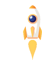 an orange and white rocket with a blue eye is flying through the air