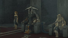 a man sits on a throne next to two women in a dark room