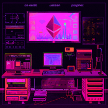 an illustration of a computer desk with the words os-eateb jaszen and pogphec