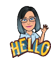 a cartoon of a woman wearing glasses and waving with the word hello behind her