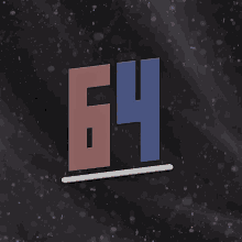 the number 64 is shown in pink and blue on a black background