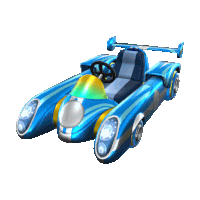 a blue and yellow racing car with a steering wheel on a white background