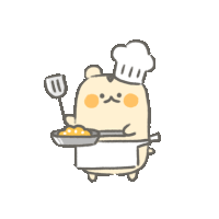 a cartoon bear wearing a chef 's hat and apron is holding a pan and spatula