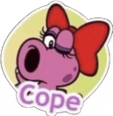 a sticker of a cartoon character with a red bow and the word cope on it .